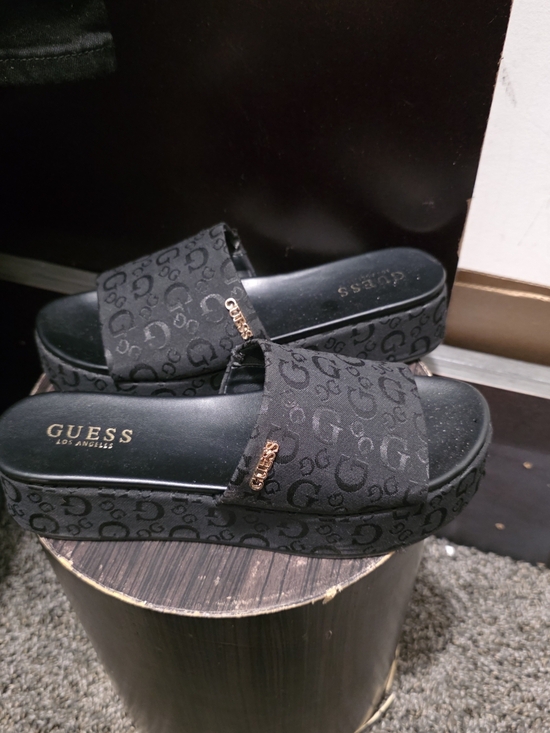 GUESS Black Logo Platform Slide Sandals with Gold Accent